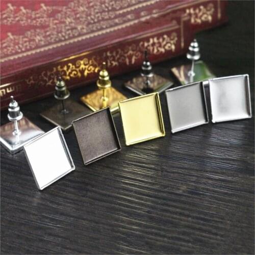 12mm 20pcs/Lot 5 Colors Plated Square Earring Studs,Earrings Blank/Base,Fit 12mm Glass Cabochons,Buttons