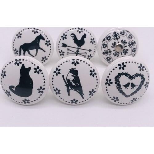 1x Creative Porcelain Round Dresser Knob White Ceramic and black painted Kitchen Furniture Drawer Pulls Handles Childrens Room
