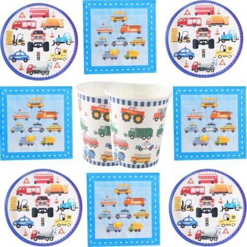 60pcs/lot Engineering Vehicle Theme Plates Kids Boys Favors Happy Birthday Party Cups Napkins Baby Shower Decorate towel Dishes
