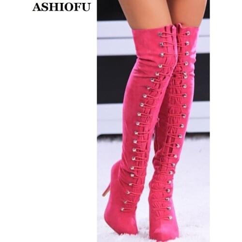 ASHIOFU Handmade Ladies Thigh High Boots Elastic-bands EUROLISH Party Over Knee Boots Evening Club Winter Fashion Boots Shoes