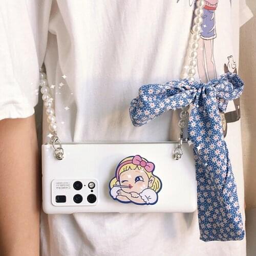 Case for Huawei Matex2 Bubble Girl Floral Silk Scarf Crossbody Pearl Chain Phone Case for Huawei MateX2 5G Cover for Lady Gift