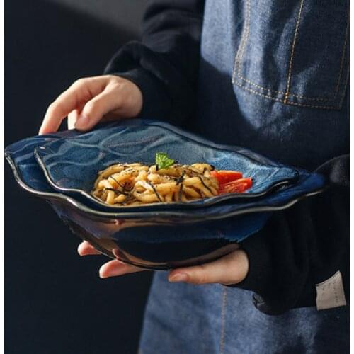 FANCITY Japanese style creative personality simple kiln turned blue glaze large bowl household tableware fruit salad bowl soup