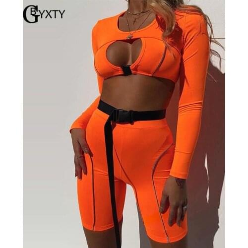 GBYXTY Fitness Biker Shorts Set Sexy Front Open Hollow Out Buckles 2 Piece Set Long Sleeve Crop Tops and Shorts Outfits ZL780