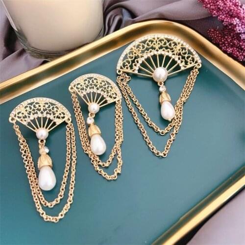 HOSENG Fan Shaped Pearl Rhinestone Tassel Brooch Earring Set Women Elegant Art Retro Jewelry Accessories HS_743