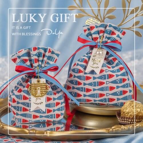 Cotton Linen Fish Pattern Gift Bags With Tags Accessories Decor Drawstring Pouch Jewelry Packing Bags Wedding/Christmas Gift Bag