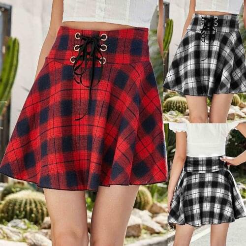 SAGACE Mini skirt with plaid printing and lace up, womens skirt, 2021 summer fashion new womens dress женские юбки