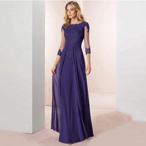 Latest Charming Purple Chiffon Boat Neck Three Quarter Sleeve Mother of the Bride Dresses Lace Applique Wedding Party Gowns