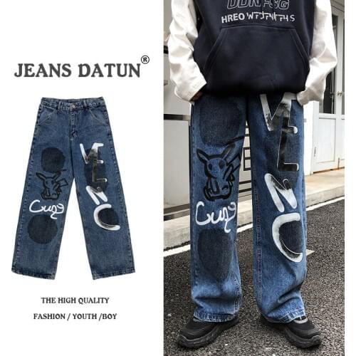 Wholesale 2020 Denim Mens hip-hop brand street loose straight-leg jeans graffiti printed trousers drape wide-leg daddy pants
