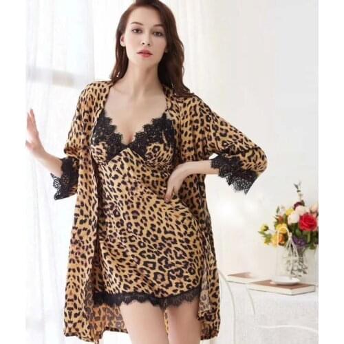 JULYS SONG Sexy Lace Female Pyjamas Sets Leopard Print Long Sleeve Robe Bathgown Elegant Satin Faux Silk Sleepdress Homewear