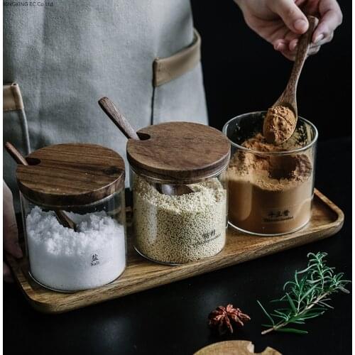 Transparent Glass Seasoning Jar Seasoning Box Natural Wood Lid Glass Container Household Salt Pepper Jar Kitchen Storage Bottle