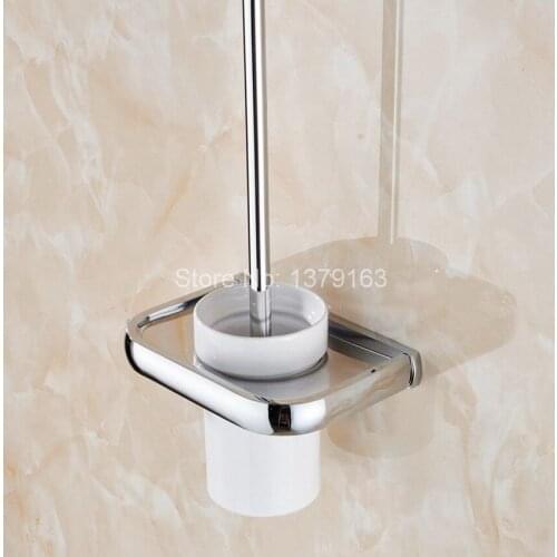 Luxury Polished Chrome Brass Wall Mounted Toilet Brush & Holder Set White Brush Ceramic Cup Bathroom Accessory aba835