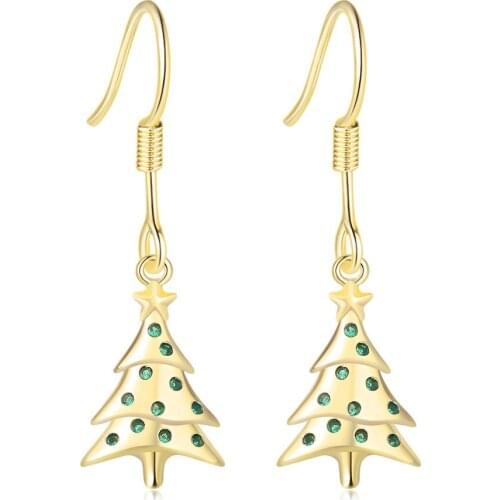 Drop Earrings For Women 2021 Christmas Tree Shape Green CZ Light Gold Color Piercing Earing Wholesale Jewelry Gift E094