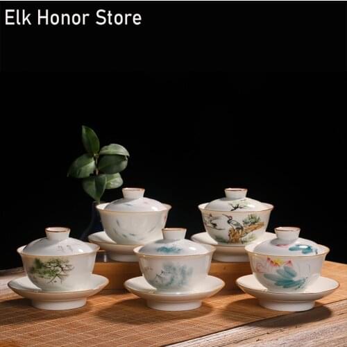 170ml Ancient Jingdezhen Tea Tureen Hand Painted Landscape GaiWan Bird Art Ceramic Bowl With Lid Kung Fu Tea Travel Tea Set Gift