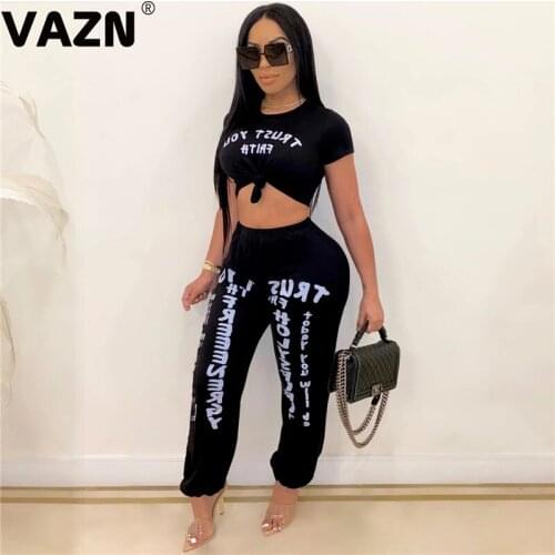 VAZN 2020 Autumn Hot Nature Letter Simple Young Daily Casual Style Short Sleeve Group Long Pants Slim Women 2 Piece Set