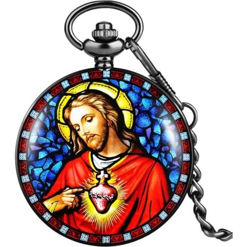 Vintage Quartz Pocket Watch Jesus Pattern Flip Case Minimalist White Dial Hollow Hands Practical Thick Pendant Watch Collection