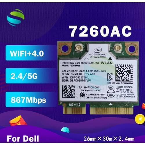 Wifi Adapter For Intel Dual Band Wireless-AC 7260 7260HMW 7260AC half Mini PCI-e +BT4.0+867Mbps Wireless Card for dell 8TF1D