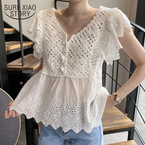 2021 Office Floral Hollow Out V Neck Shirts Women Short Sleeve Summer Korea Lace Embroidery Stitching Women Blouse Blusas 10279