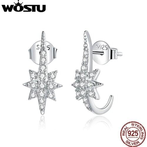 WOSTU Simple Shining Star Stud Earrings Authentic 925 Sterling Silver Earrings For Women CZ Silver Fine Jewelry Gift DAE460