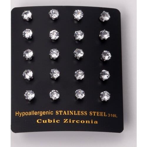 10 Pairs Round Cubic Zirconia Ear Stud 316L Stainless Steel Anti-allergy Women/Girl Push Back Earring Wedding Earrings