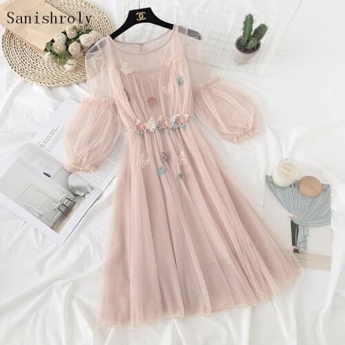 Two Piece Sweet Butterfly Flower Mesh Dress 2021 Chic Summer Women Lantern Sleeve Lace Dresses Female High Waist A Line Vestidos