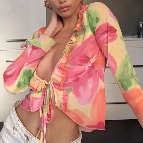 2021 flower print Y2K long sleeve top womens V-neck Ruffle sexy bandage T-shirt Retro