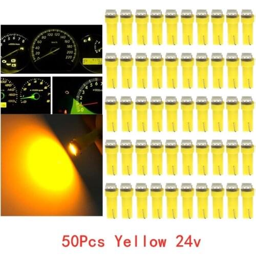 50Pcs T5 5050 1SMD 24V Yellow Blubs Wedge Dashboard LED Lights Bulbs Car Lnstrument Indicator AC Lamp Auto Interior Accessories