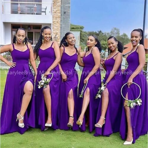 African Bridesmaid Dresses Spaghetti Straps A-line Dark Purple Long Wedding Party Dress Front Split Maid Of Honor Dress Cheapest