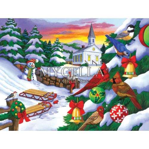 Church Full Drill 5D DIY Diamond Painting Cartoon Winter Birds Diamond Embroidery Cross Stitch Mosaic Home Decor Christmas Gift