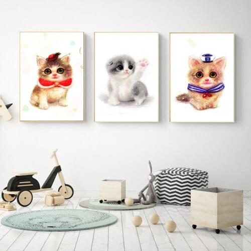 Cute Kitten Cat Cub Animal Decorative Paintings Childrens Houses Nordic Frameless Canvas Painting Wall Art Nursery Kindergarten