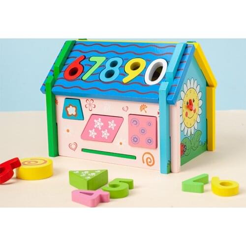 Wooden Color DIY Assembled Building Block Toy Multifunctional Smart House Shape Digital Disassembly Clock Knocking Ball