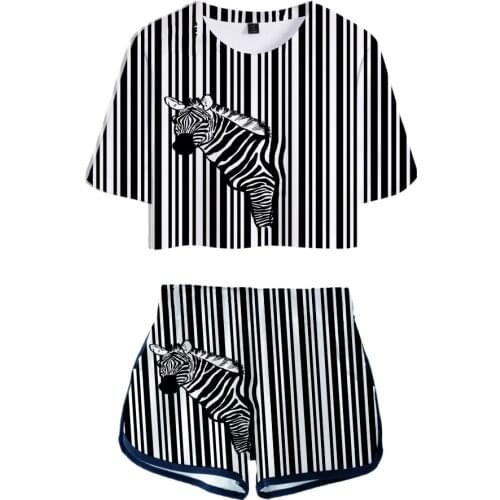 Popular Black and white stripes 3D Animal zebra Exposed Navel T-shirt +shorts womens two-piece Sets Casual Girls Summer Suits