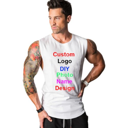 Customized Logo DIY Mens Cotton Fitness Clothing Gym Stringer Tank Top Men Bodybuilding Vest Workout Sleeveless T Shirt
