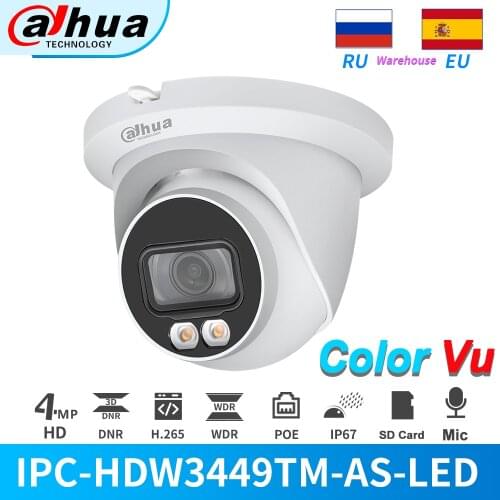 Dahua IP Camera 4MP Full-Color PoE IPC-HDW3449TM-AS-LED Built-in Mic SD Card Slot ColorVu Night Metal IP67 Firmware Upgradable