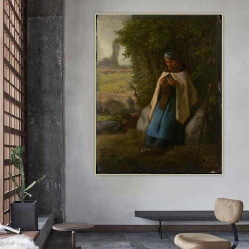 Citon Jean Francois Millet《Shepherdess Seated on a Rock》Canvas Oil Painting Artwork Picture Wall Decor Backdrop Home Decoration