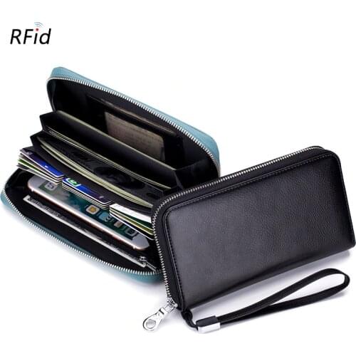 New Minimalist RFID Blocking Credit Card Holder Genuine Leather Long Business Wallet Travel Organizer Retro Cowhide Zipper Purse