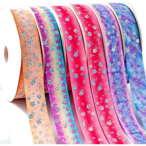Laser Silver Cherry Blossoms Flowers Printed Japan Kimetsu No Yaiba Background Grosgrain Ribbons 10 Yards 25mm for DIY Hair Bow