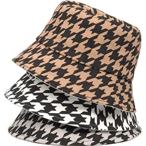 Fashion Plaid Houndstooth Print Fisherman Hat Womens Outdoor Cotton Bucket Hats for Men Panama