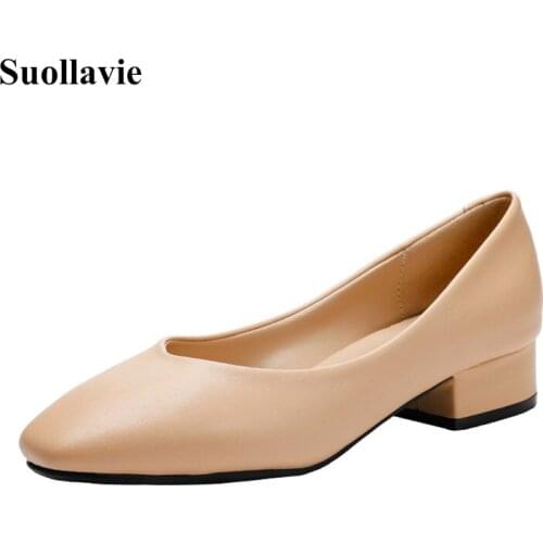 Suollavie New solid ladies pumps fashion female shoes office high heels chunky heel shoes women 2020 hot square toe pumps women