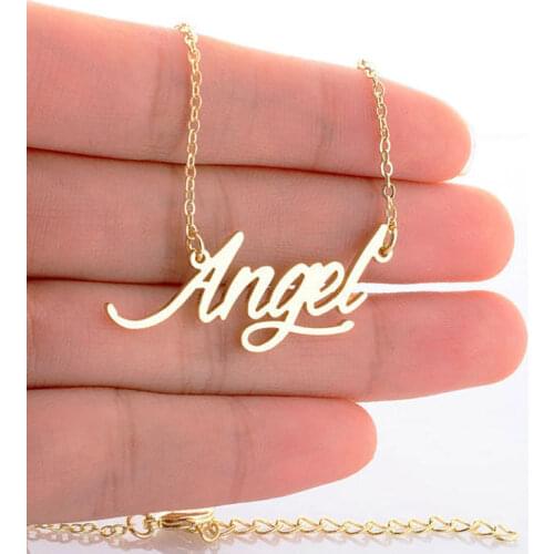 Charm Angel Name Necklace for Women Script Letter Pendant Gold Color Stainless Steel Popular Nameplate Pendant Jewelry NL2414