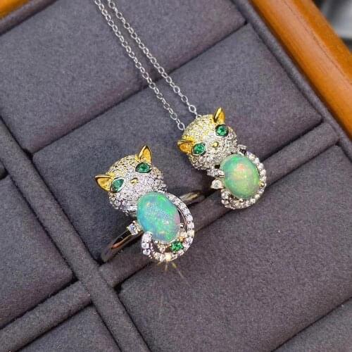 Lovely cat Style 100% Natural and Real Opal 925 sterling silver 1pc Opal pendant,1pc Opal ring