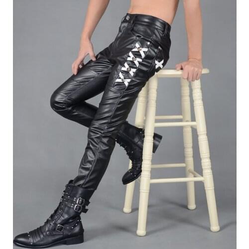 Full Leather Autumn Winter New Mens Tight Leather Pants Stitching Male Locomotive Black Leather Mens Pants Ropa De Hombre 2020