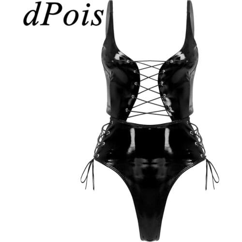 Womens Bodysuit Wet Look Patent Leather Sexy Lingerie Summer Adjustable Straps One-Piece Woman Bodysuit Lace-up Catsuit Clubwear