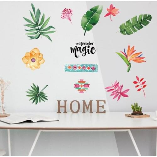 Tropical Watercolor Leaf Flower Wall Stickers Removable Stickers Wallpaper Bedroom Background Decorative Stickers