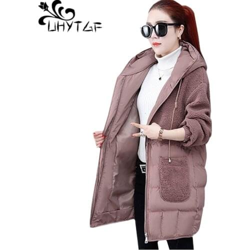 UHYTGF Fashion down jacket winter parkas woman Korean thicken hooded female cotton coat casual wild loose plus size jackets 1035