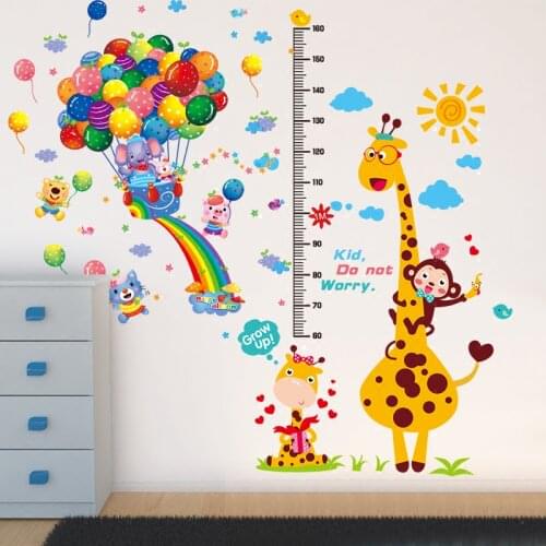 Hot Air Balloons Animals Wall Stickers DIY Giraffe Height Mural Decals for Kids Rooms Baby Bedroom Nursery Home Decoration
