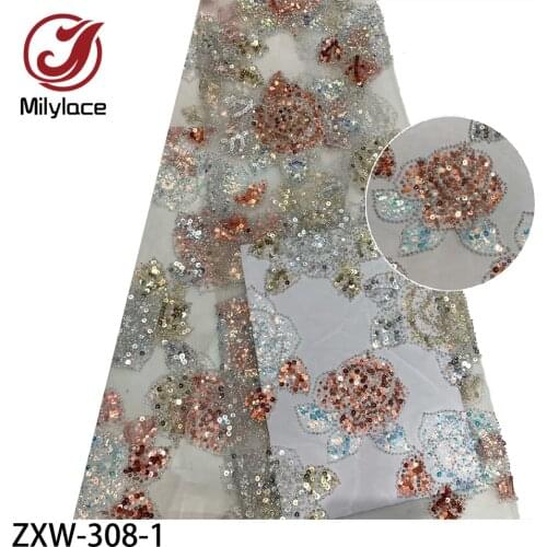High Quality Sequins Floral Embroidery French Lace 5 Yards African Tulle Net Lace Fabric for Wedding Party ZXW-308
