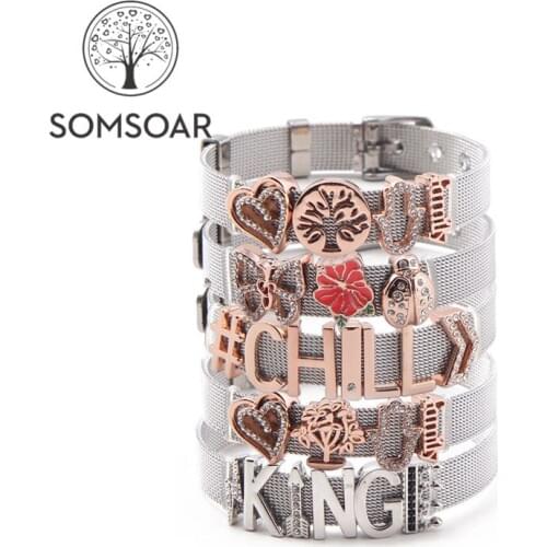 Somsoar Jewelry Dropshipping Stainless Steel Silvering Mesh Bracelet Set with DIY Story Charms Charmband Bracelet Bangle as gift