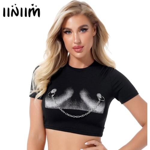 Womens Nightclub Bar Tees Tops Stylish Printing Short Sleeve Cropped T-Shirt Round Neck Metal Chain O Ring Decor Crop Top
