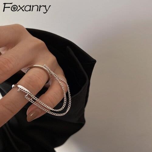 FOXANRY 925 Sterling Silver Double Layer Rings for Women Couple Accessories New Trend Hip Hop Vintage Tassel Chain Party Jewelry