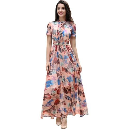 DF 2017 Summer S-3XL Chiffon Single Breasted Dress Slim Printed Flowers Vintage Dress Short Sleeves Ladies Evening Party 6065